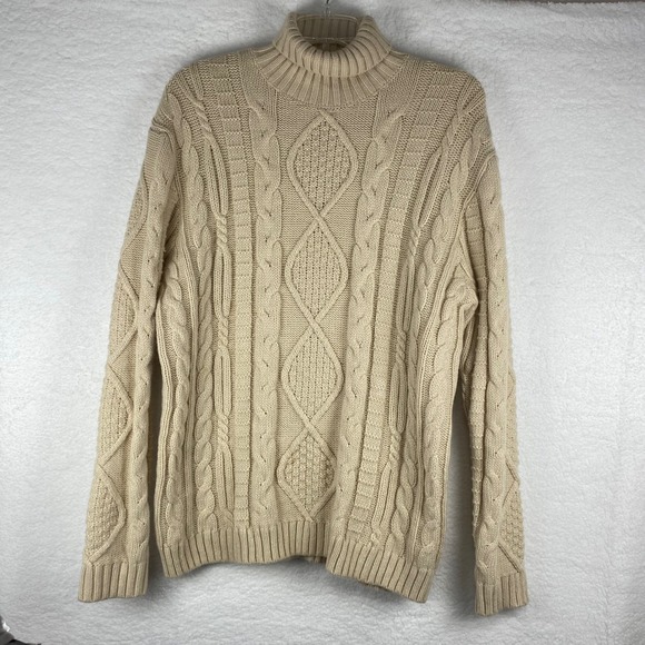 ASOS Men's Beige Cable Knit Turtleneck Sweater 2XL Wool Blend - Picture 3 of 9